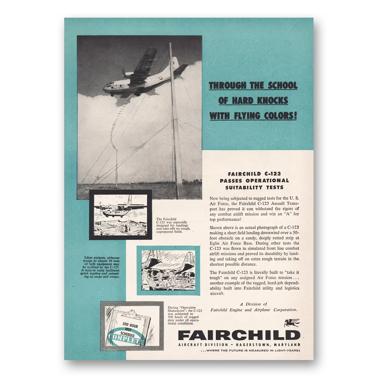 1956 Fairchild Engine C123 School of Hard Knocks Vintage Magazine Print Ad