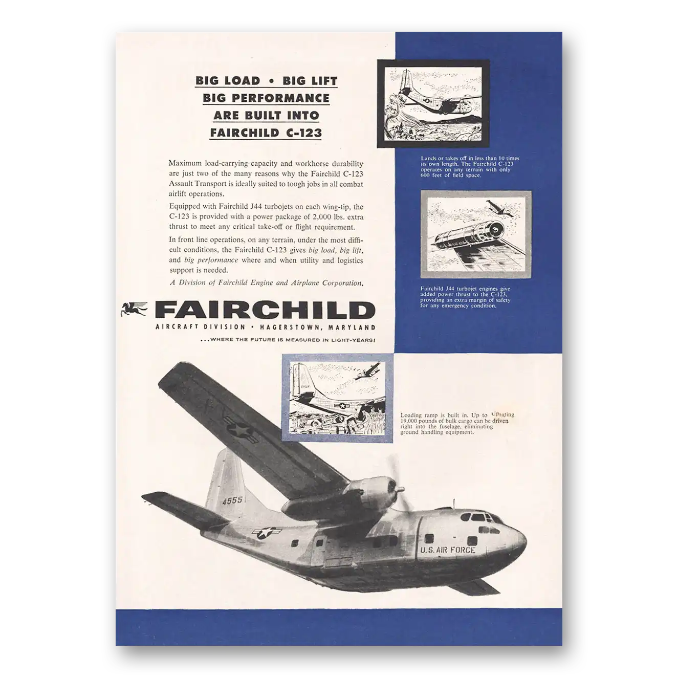 1956 Fairchild Engine C123 Big Load Big Lift Vintage Magazine Print Ad