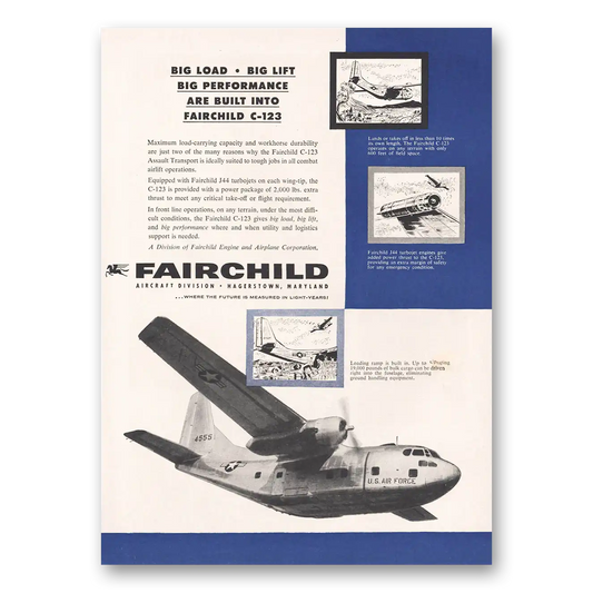 1956 Fairchild Engine C123 Big Load Big Lift Vintage Magazine Print Ad