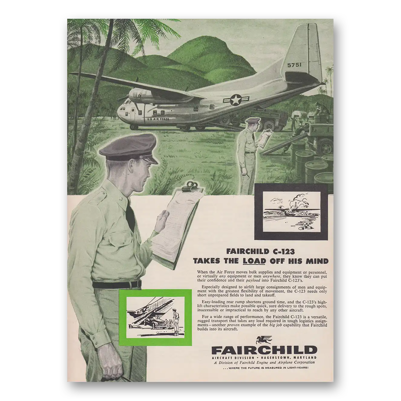 1945 Fairchild Engine C123 Takes the Load Off His Mind Vintage Magazine Print Ad