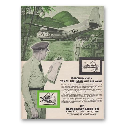 1945 Fairchild Engine C123 Takes the Load Off His Mind Vintage Magazine Print Ad