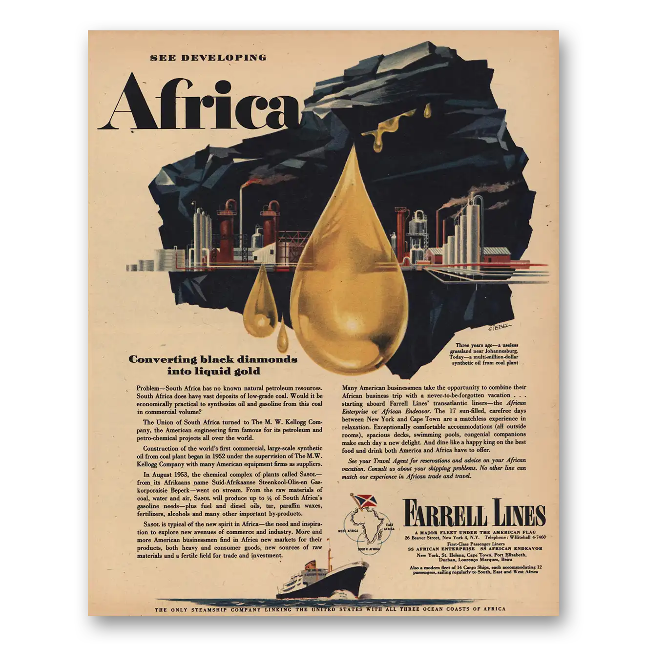 1956 Farrell Lines Africa Converting Black Diamonds Into Gold Vintage Magazine Print Ad