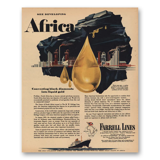 1956 Farrell Lines Africa Converting Black Diamonds Into Gold Vintage Magazine Print Ad