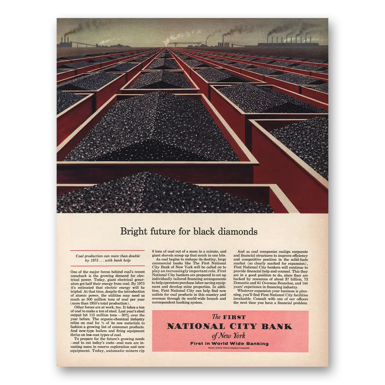 1956 First National City Bank of New York Bright Future Black Diamonds Vintage Magazine Print Ad