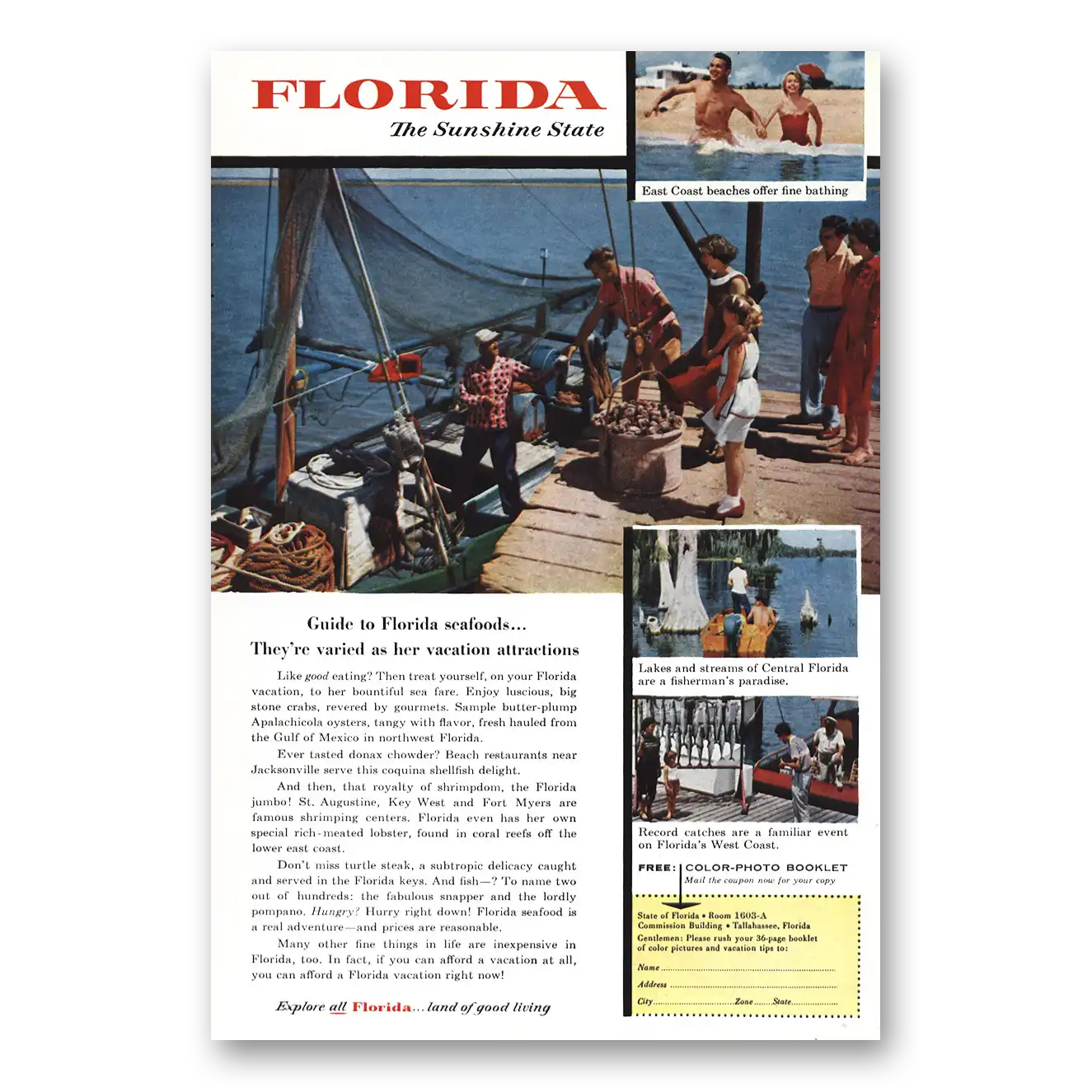 1956 Florida Guide to Florida Seafoods Vintage Magazine Print Ad