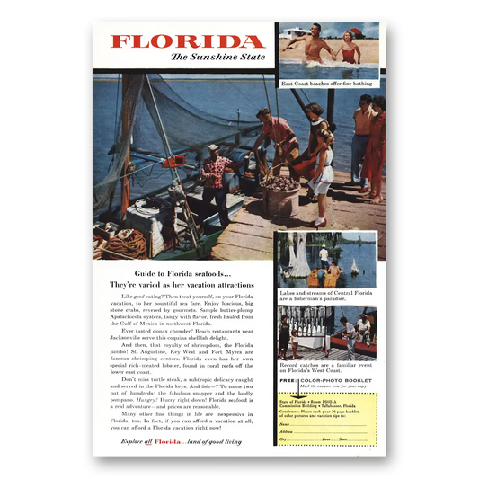 1956 Florida Guide to Florida Seafoods Vintage Magazine Print Ad