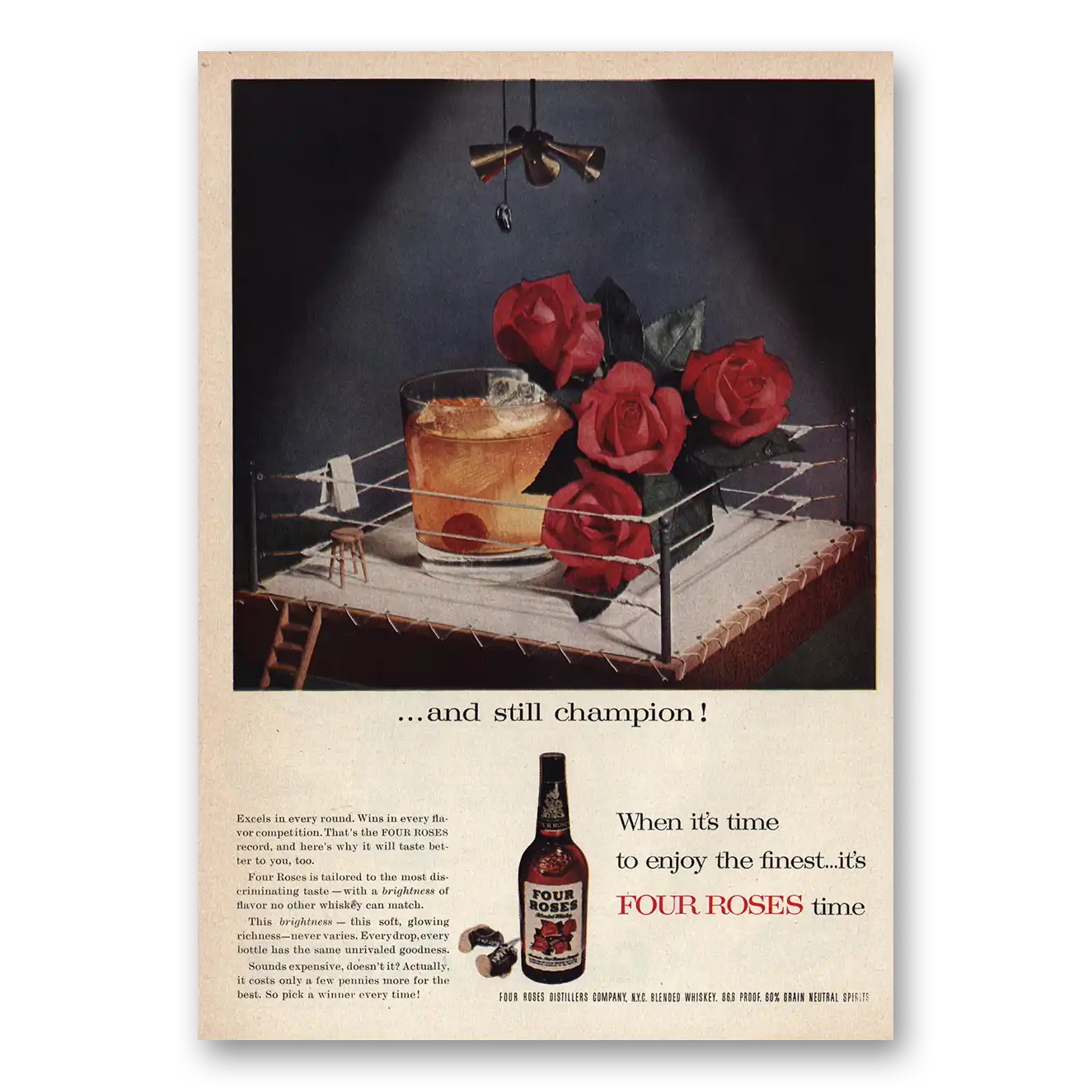 1956 Four Roses Boxing Ring All Still Champion Vintage Magazine Print Ad