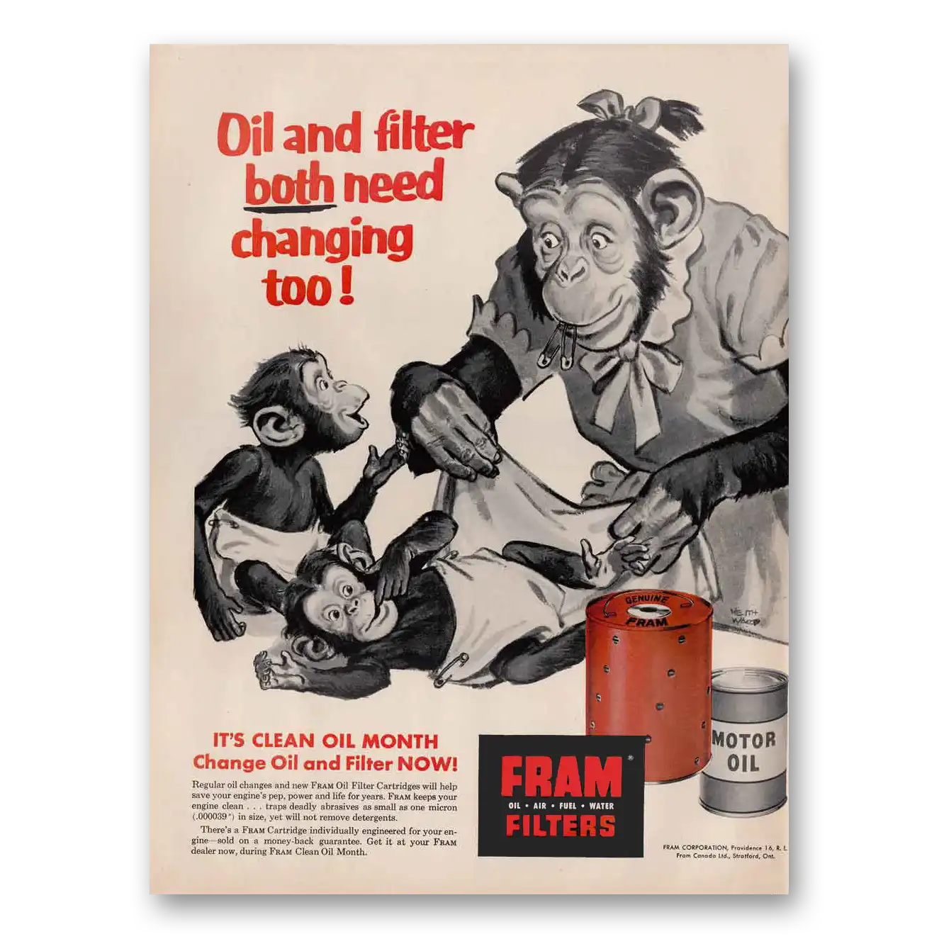 1956 Fram Oil Filters Oil and Filter Both Need Changing Vintage Magazine Print Ad