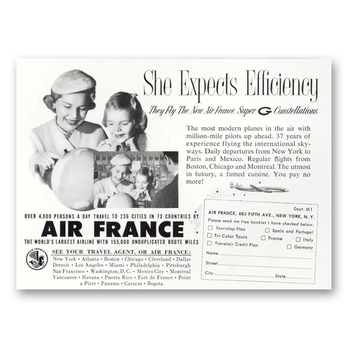 1956 Air France She Expects Efficiency Vintage Magazine Print Ad