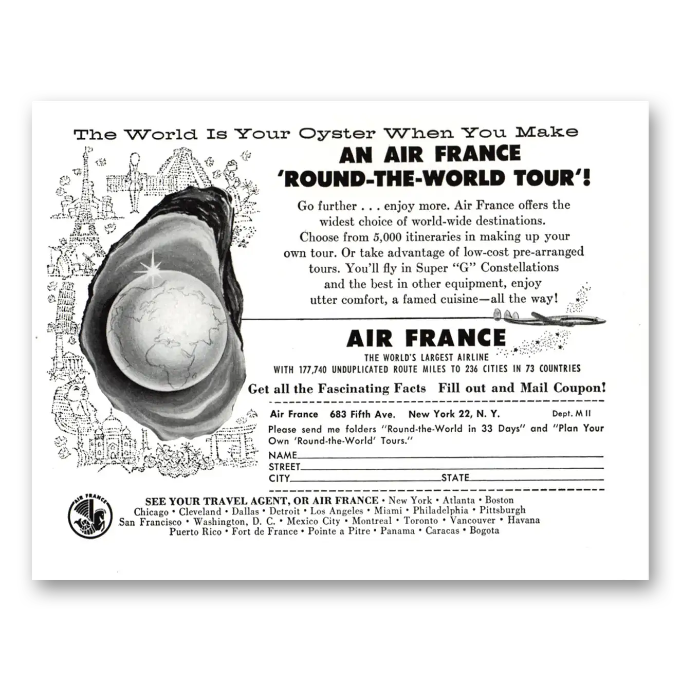 1956 Air France World is your Oyster Vintage Magazine Print Ad