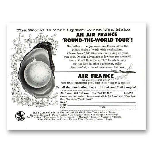 1956 Air France World is your Oyster Vintage Magazine Print Ad