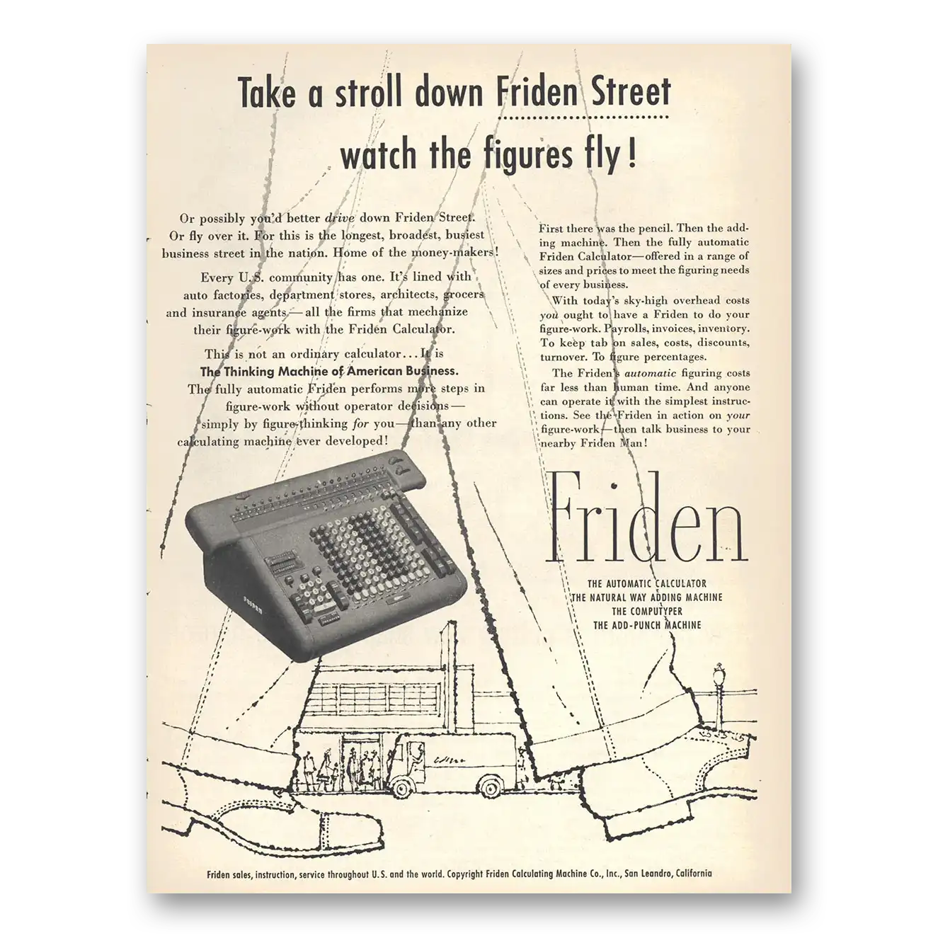 1956 Friden Calculator Take a Stroll Down Friden Street Vintage Magazine Print Ad