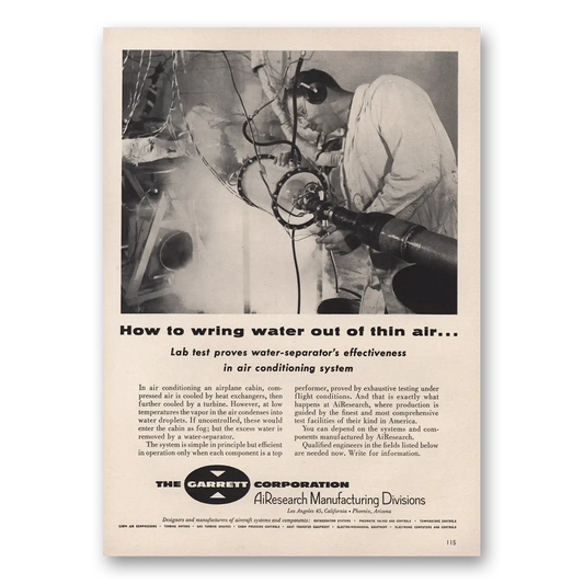 1956 Garrett AiResearch Wring Water Thin Air Vintage Magazine Print Ad