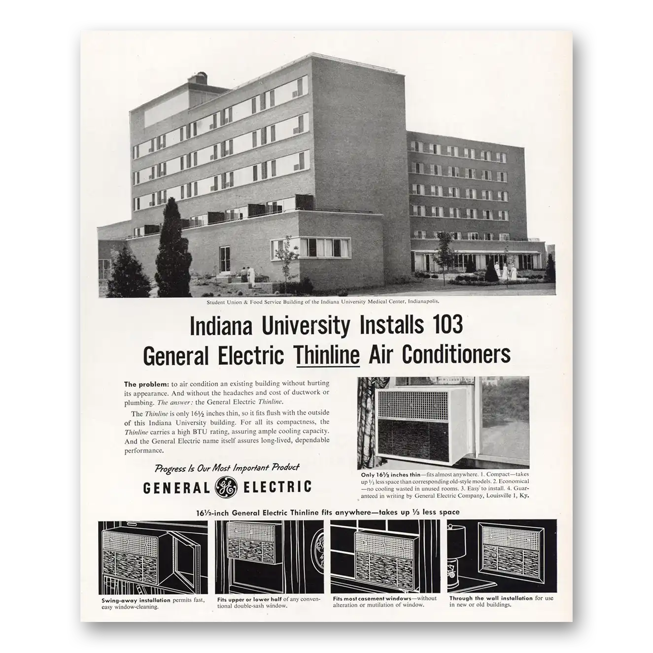 1956 General Electric Air Conditioner Indiana University Thinline Air Conditioners Vintage Magazine Print Ad