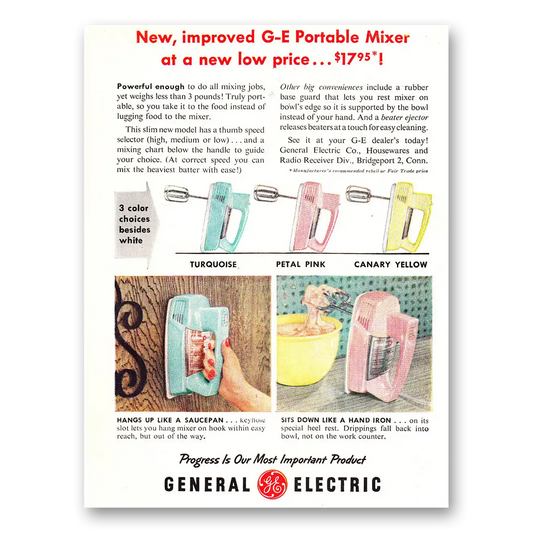 1956 General Electric Portable Mixer Turquoise Petal Pink Canary Yellow Vintage Magazine Print Ad