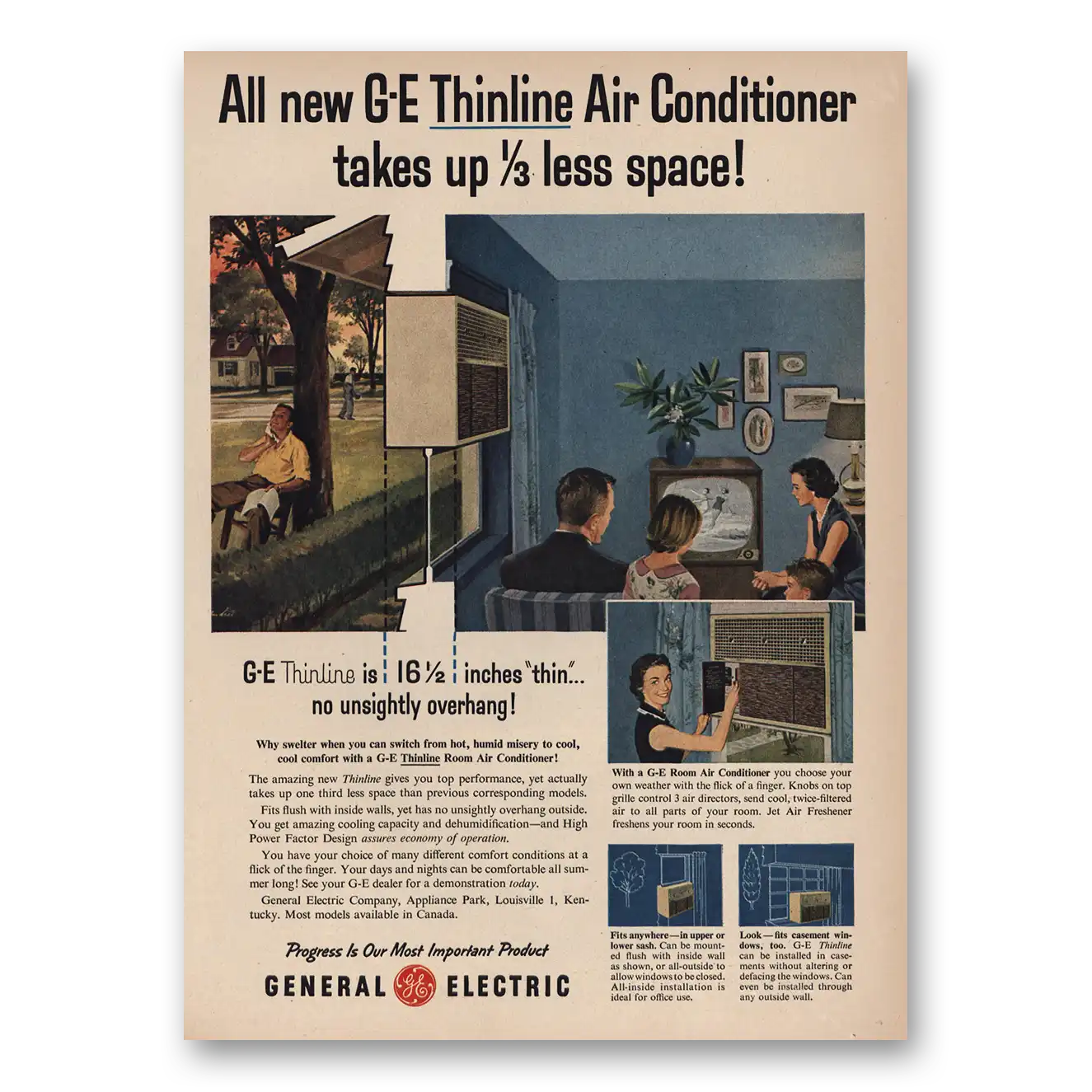 1956 General Electric Air Conditioner Thinline Air Conditioner No Overhang Vintage Magazine Print Ad