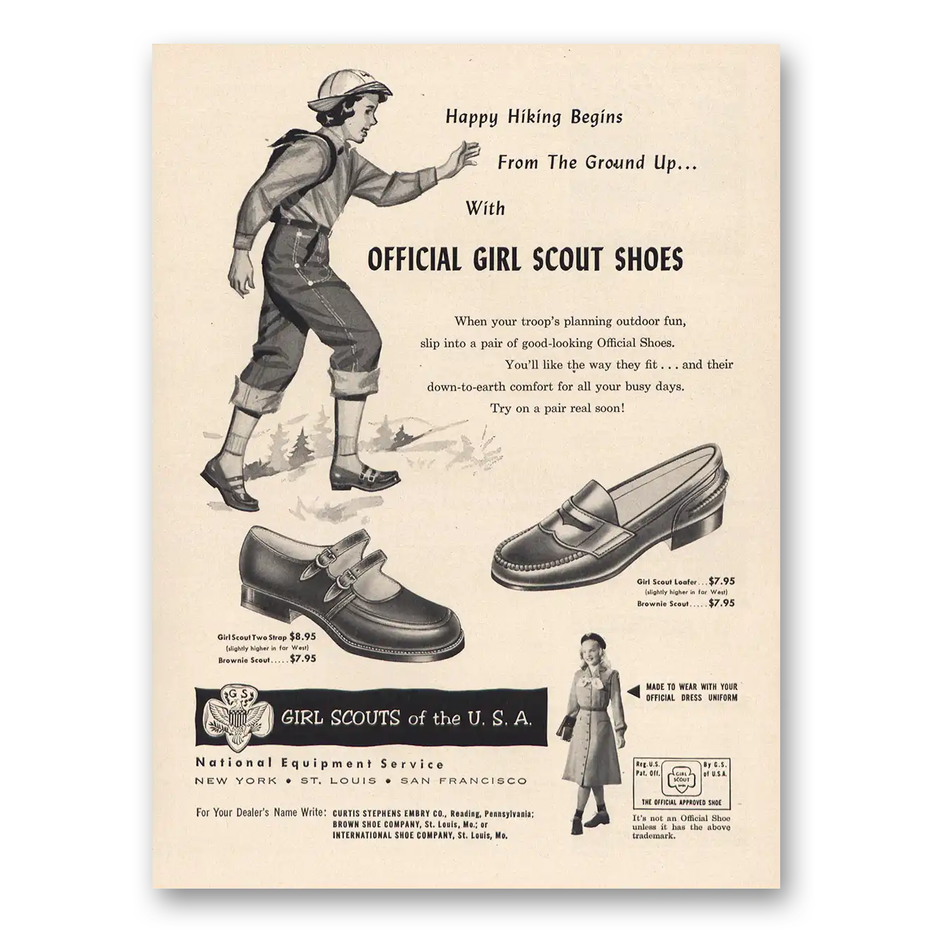 1956 Girl Scouts of the USA Happy Hiking Shoes Vintage Magazine Print Ad