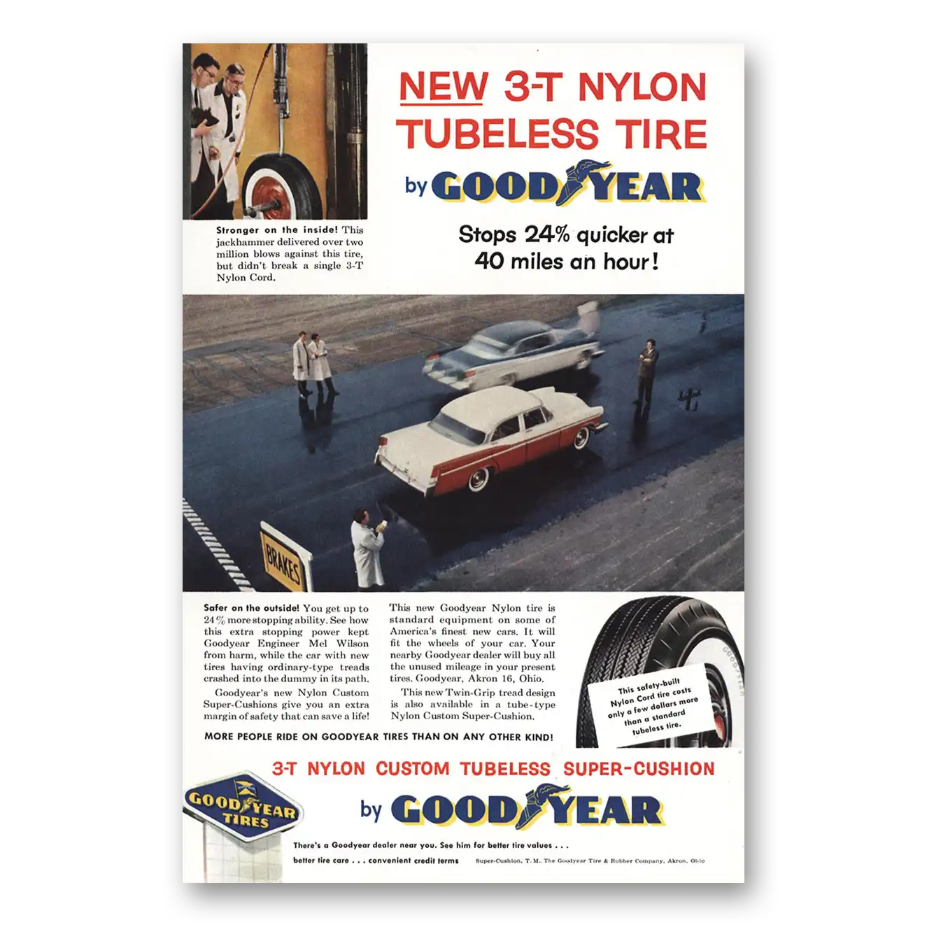 1956 Goodyear Tires Nylon Tubeless Tire Vintage Magazine Print Ad