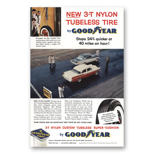 1956 Goodyear Tires Nylon Tubeless Tire Vintage Magazine Print Ad