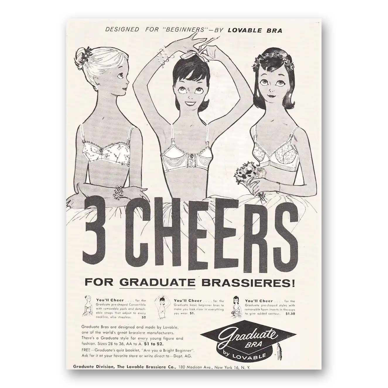 1956 Lovable Brassiere Graduate Brassieres 3 Cheers Vintage Magazine Print Ad