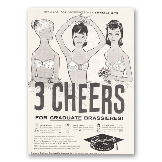 1956 Lovable Brassiere Graduate Brassieres 3 Cheers Vintage Magazine Print Ad