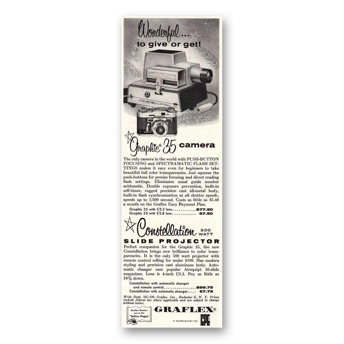 1956 Graflex Graphic 35 Camera Constellation Slide Projector Vintage Magazine Print Ad