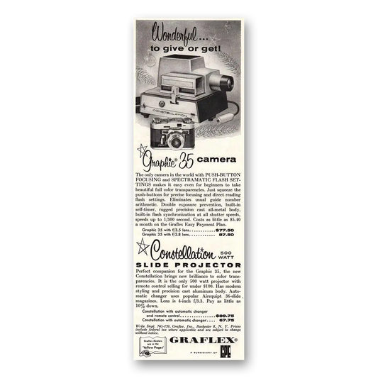 1956 Graflex Graphic 35 Camera Constellation Slide Projector Vintage Magazine Print Ad