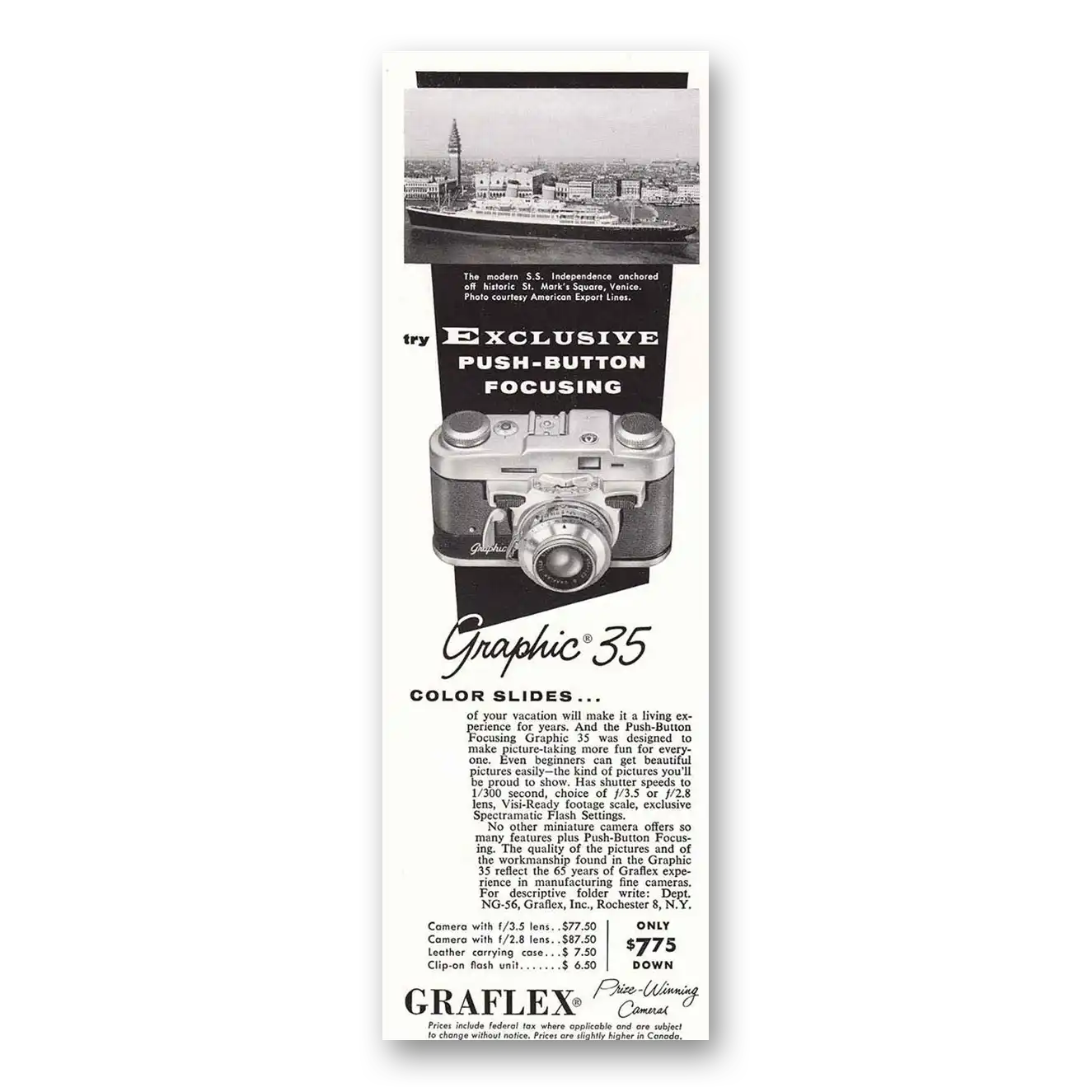 1956 Graflex Cameras Exclusive Push Button Focusing Vintage Magazine Print Ad