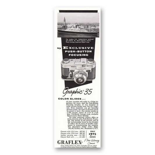 1956 Graflex Cameras Exclusive Push Button Focusing Vintage Magazine Print Ad