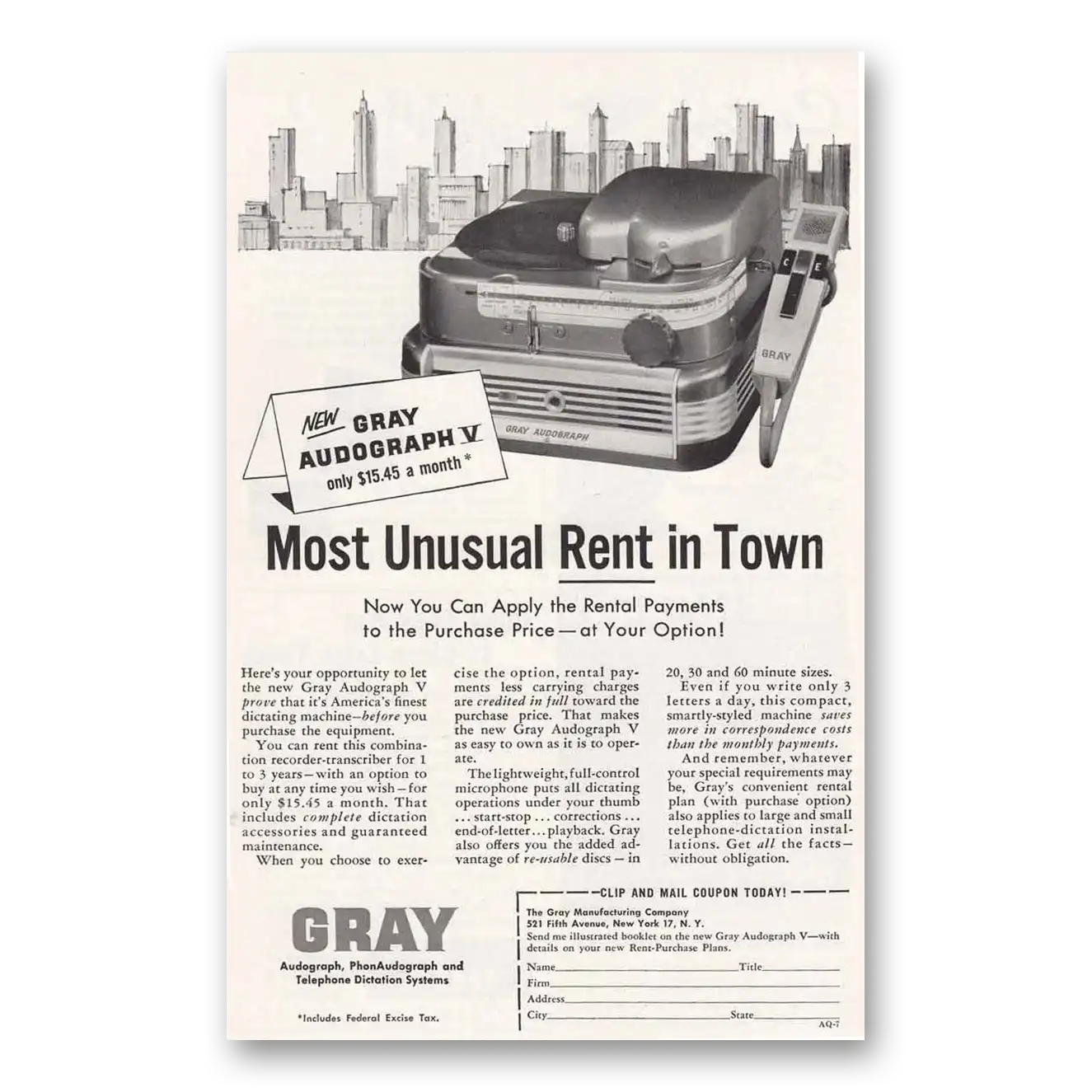 1956 Gray Manufacturing Audograph V Most Unusual Rent in Town Vintage Magazine Print Ad