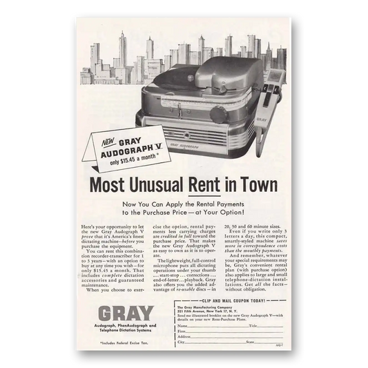 1956 Gray Manufacturing Audograph V Most Unusual Rent in Town Vintage Magazine Print Ad