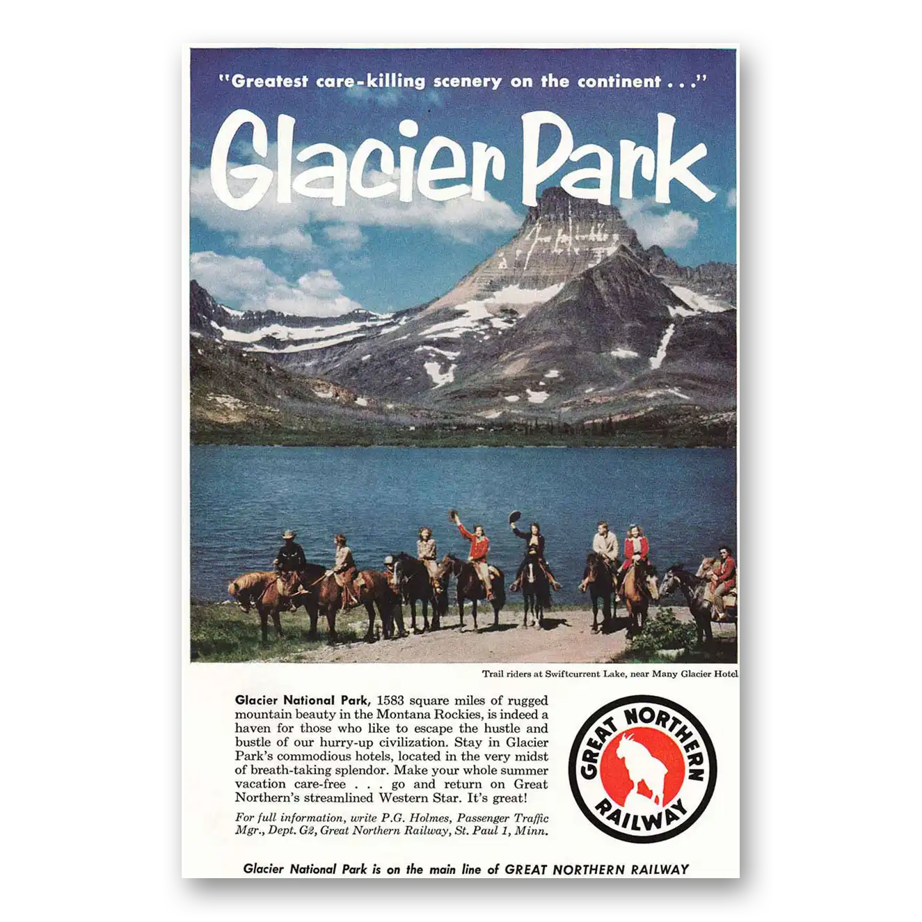 1956 Great Northern Railway Glacier Park Swiftcurrent Vintage Magazine Print Ad