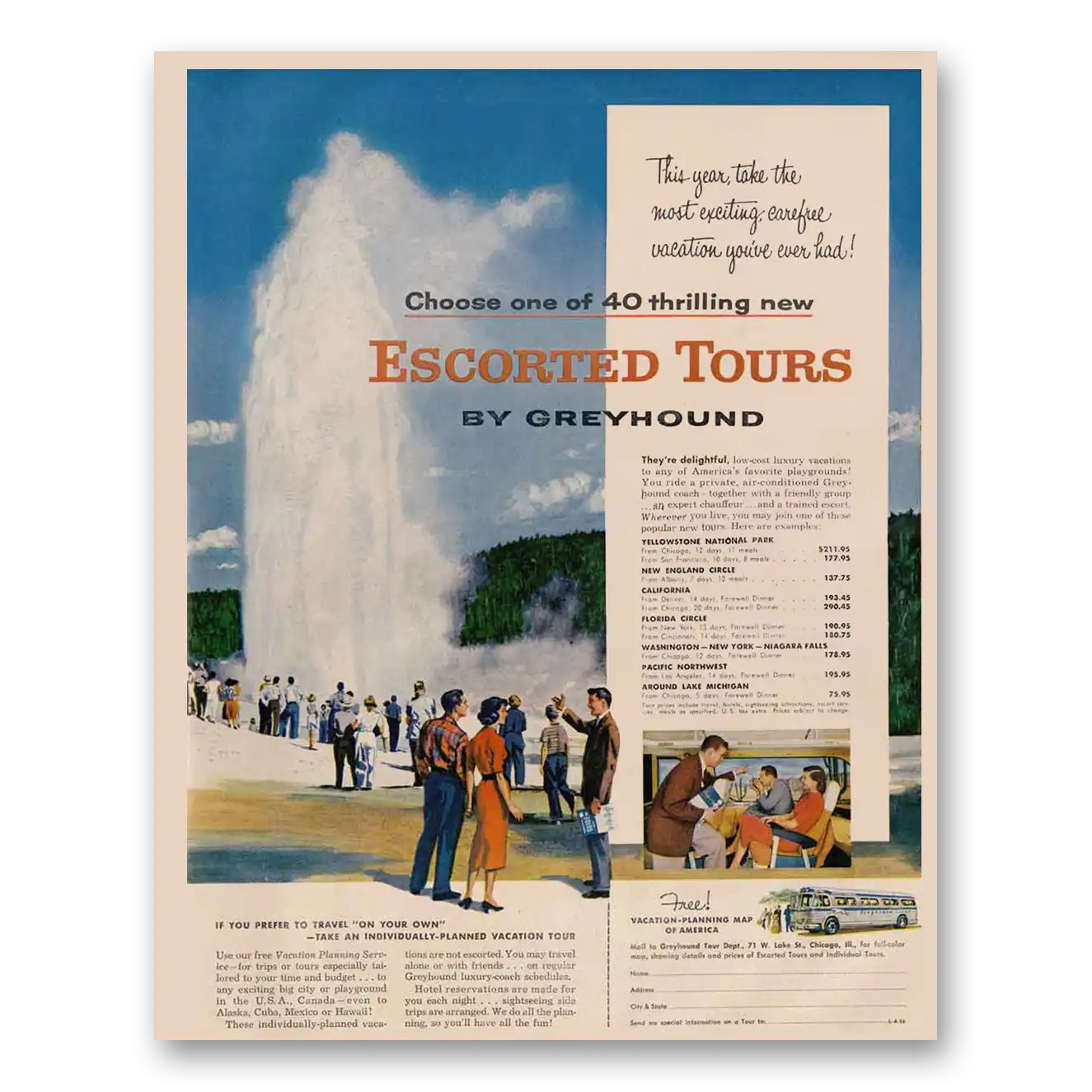 1956 Greyhound Escorted Tours Old Faithful Vintage Magazine Print Ad