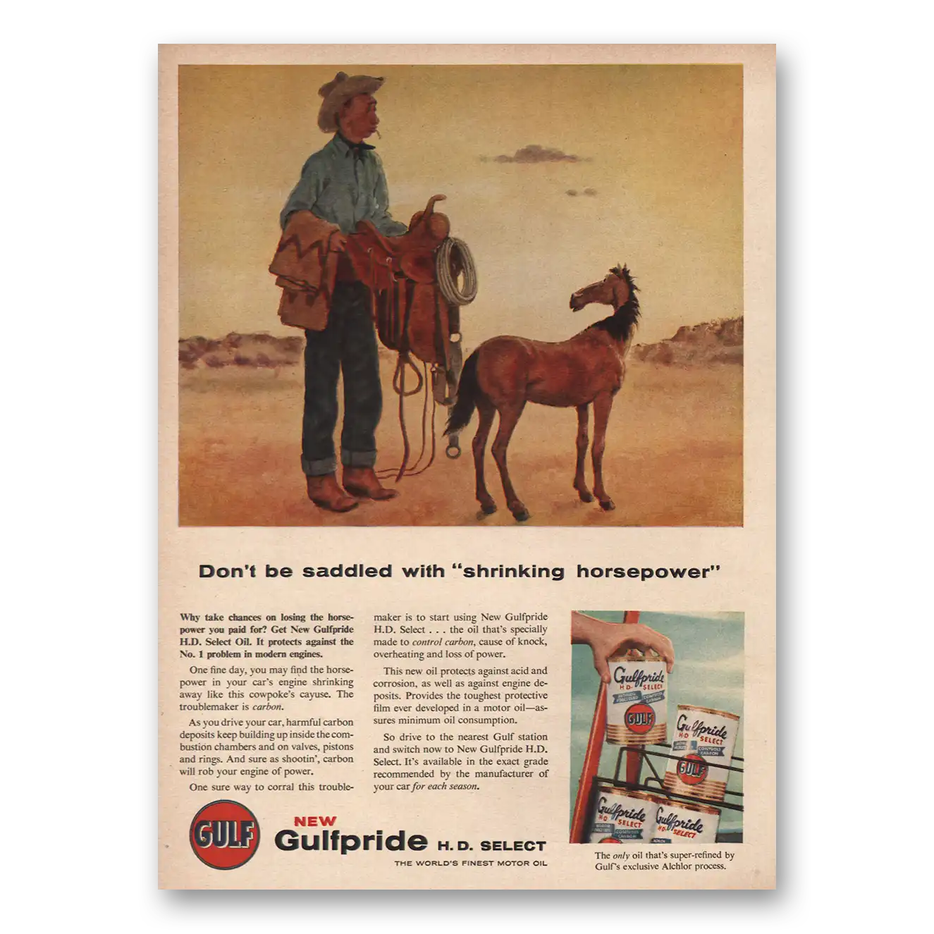 1956 Gulfpride Motor Oil Saddled With Shrinking Horsepower Vintage Magazine Print Ad