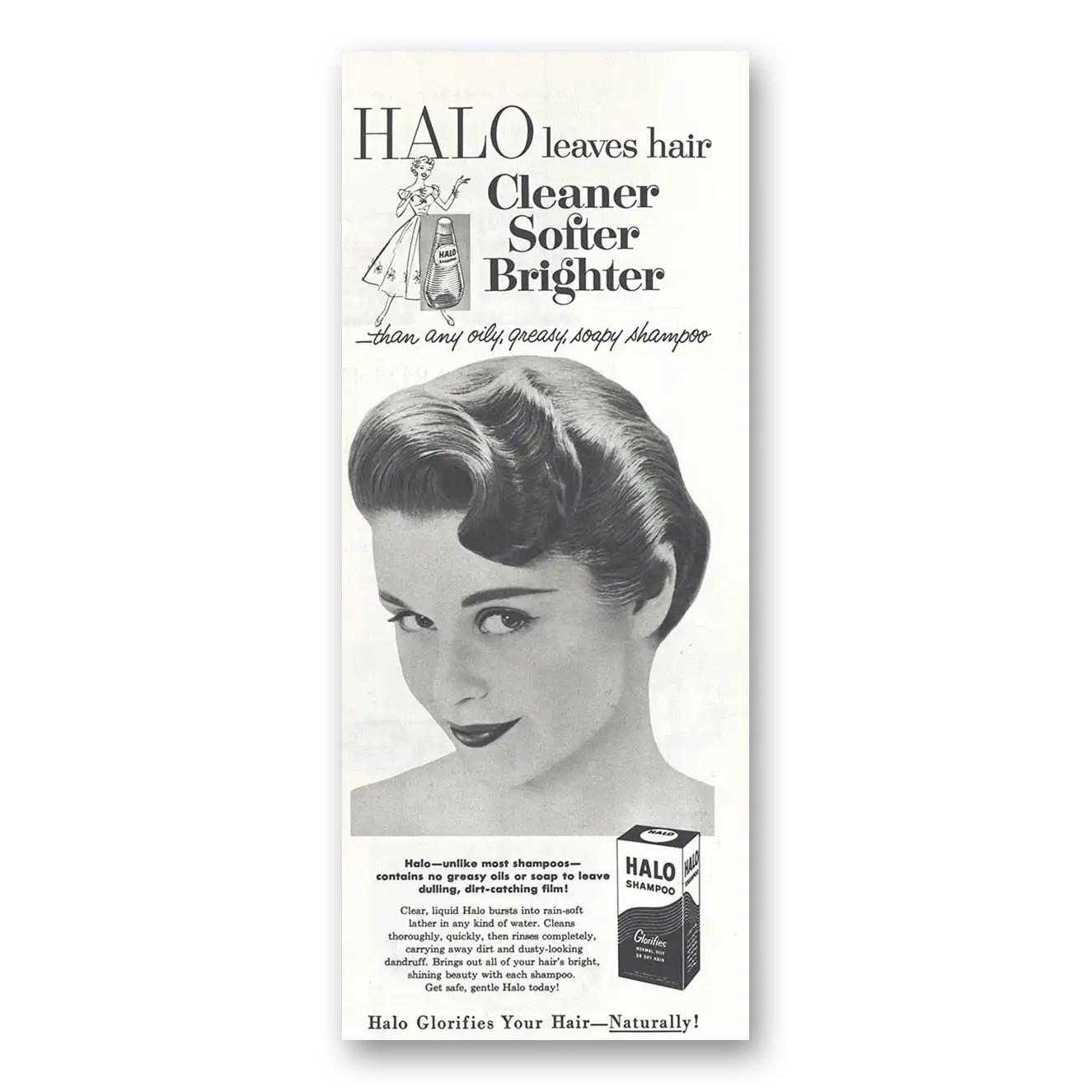 1956 Halo Shampoo Leaves Hair Cleaner Softer Brighter Vintage Magazine Print Ad