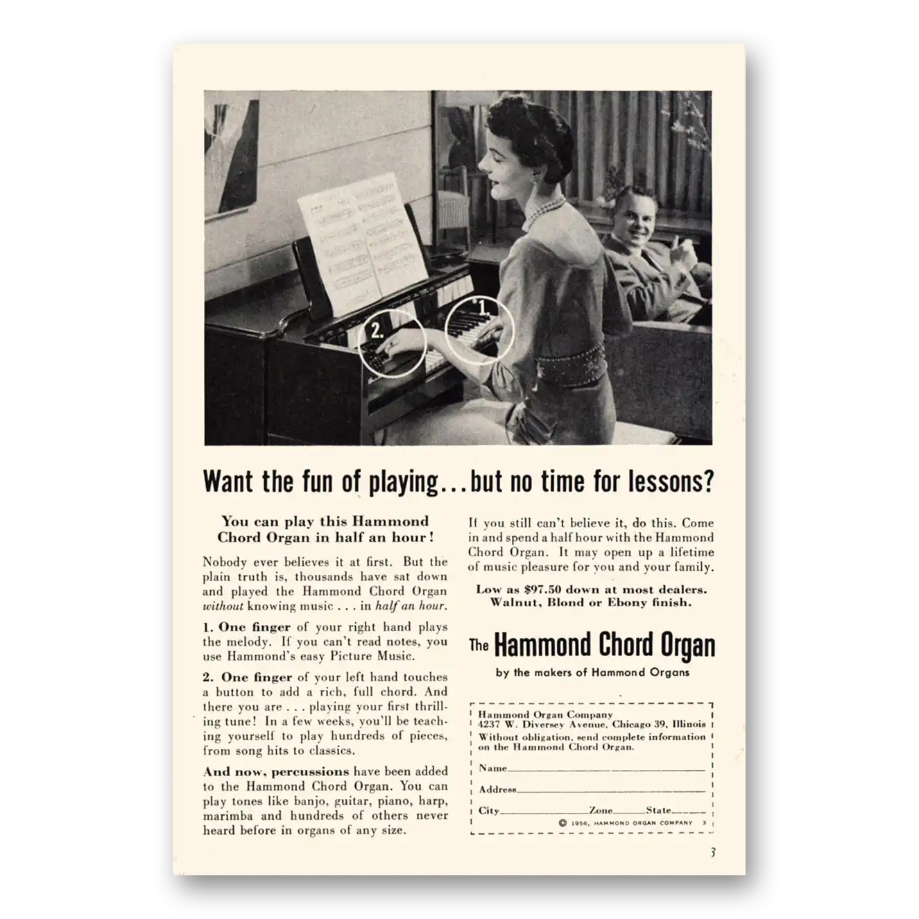 1956 Hammond Organ Chord Organ Want the Fun of Playing Vintage Magazine Print Ad