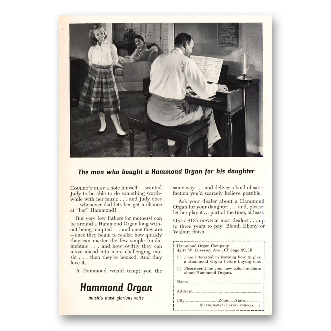 1956 Hammond Organ Man Who Bought For His Daughter Vintage Magazine Print Ad