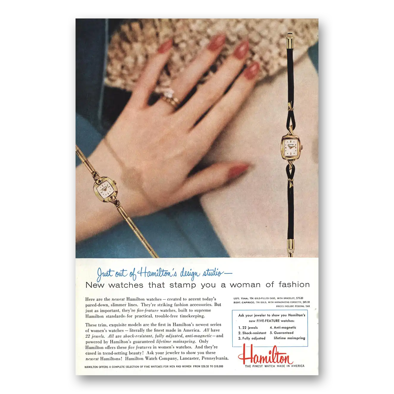 1956 Hamilton Watch Stamp You Woman of Fashion Vintage Magazine Print Ad