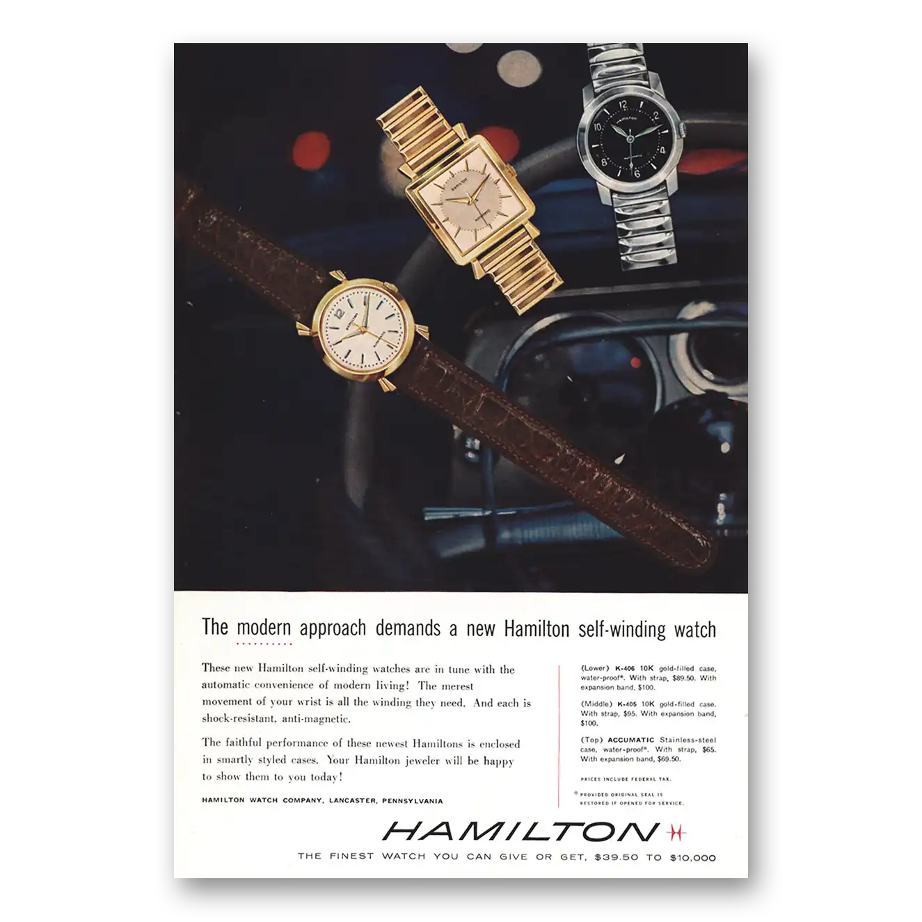 1956 Hamilton Watch Modern Approach Demands Self Winding Vintage Magazine Print Ad