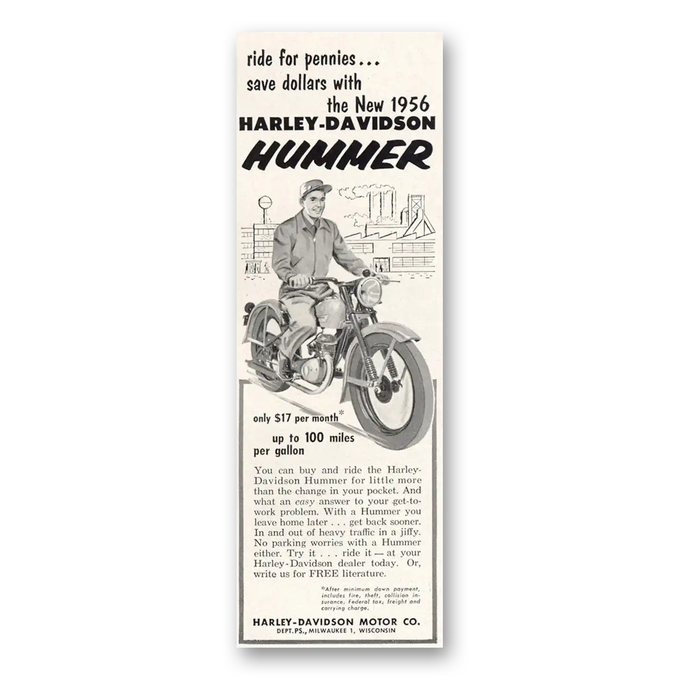 1956 Harley Davidson Hummer Ride for Pennies Vintage Magazine Print Ad