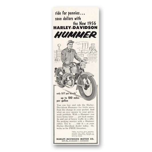 1956 Harley Davidson Hummer Ride for Pennies Vintage Magazine Print Ad