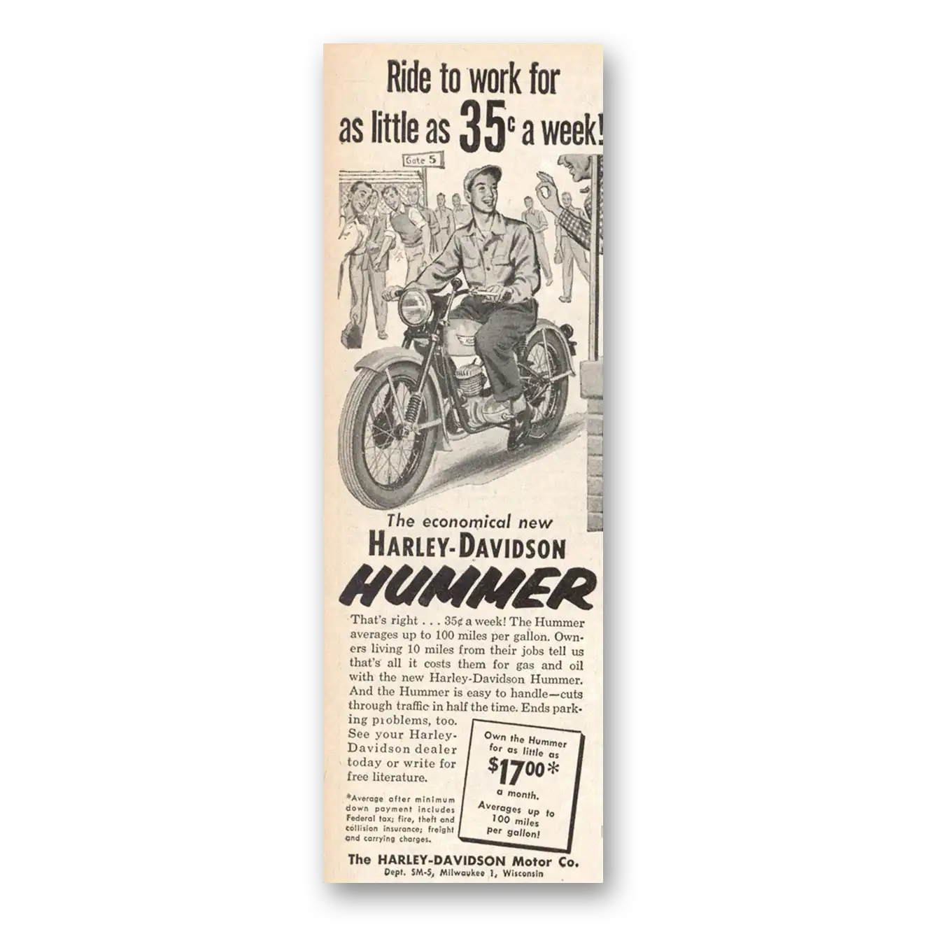 1956 Harley Davidson Hummer Ride to Work Vintage Magazine Print Ad