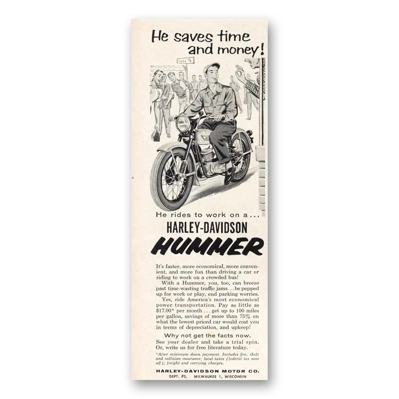 1956 Harley Davidson Hummer He Saves Time and Money Vintage Magazine Print Ad