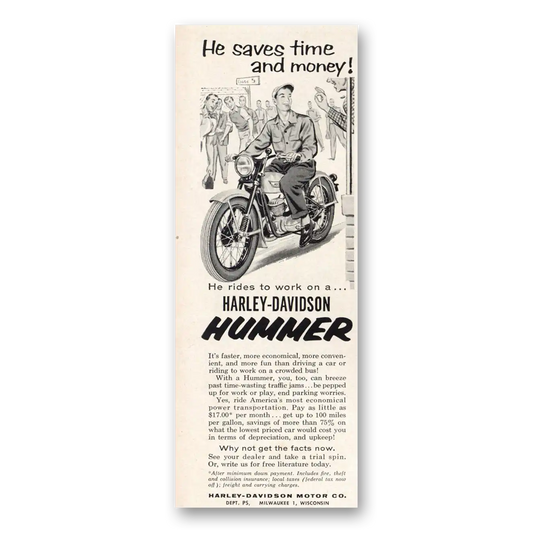 1956 Harley Davidson Hummer He Saves Time and Money Vintage Magazine Print Ad