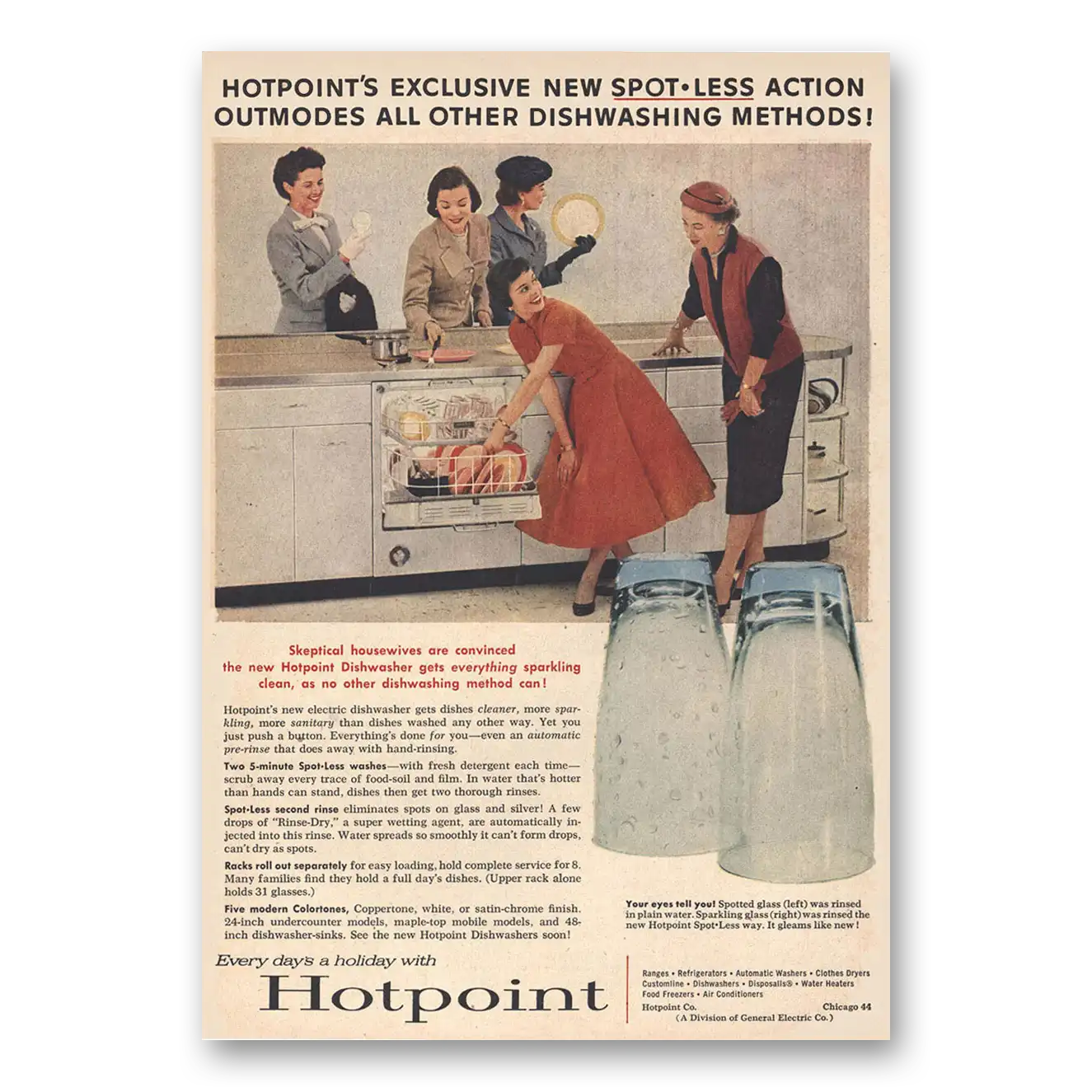 1956 Hotpoint Dishwasher Spot Less Action Outmodes All Other Vintage Magazine Print Ad