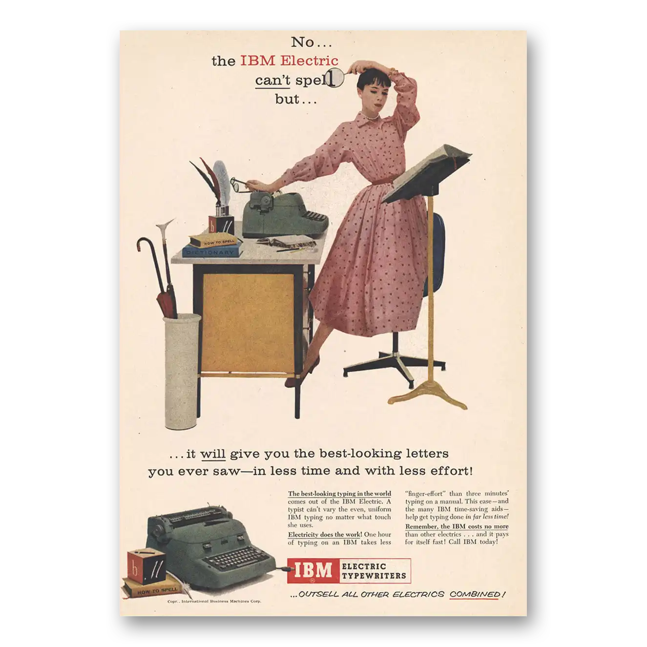 1956 IBM Electric Typewriter Can't Spell But Vintage Magazine Print Ad