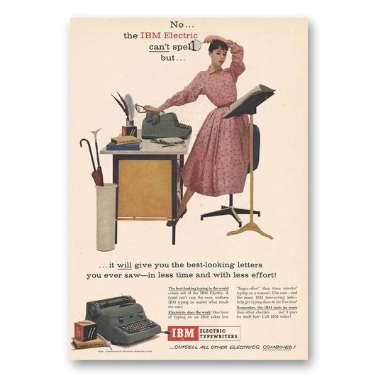 1956 IBM Electric Typewriter Can't Spell But Vintage Magazine Print Ad