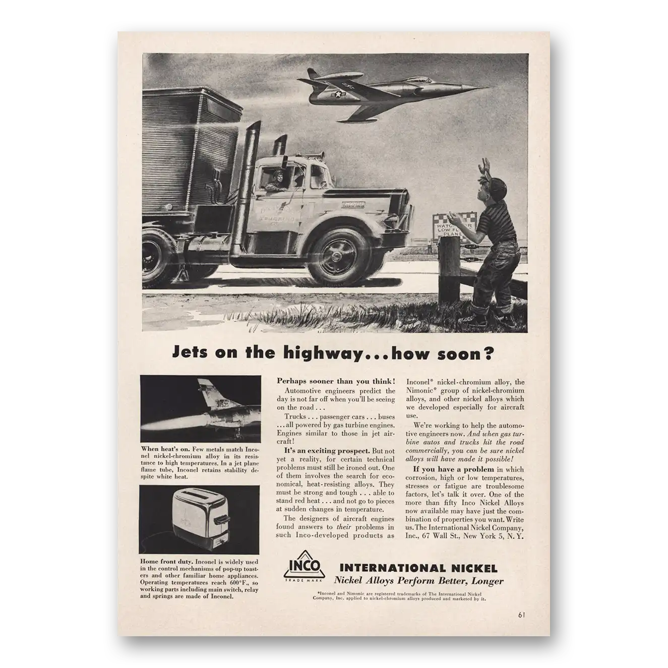 1956 International Nickel INCO Jets on the Highway Vintage Magazine Print Ad