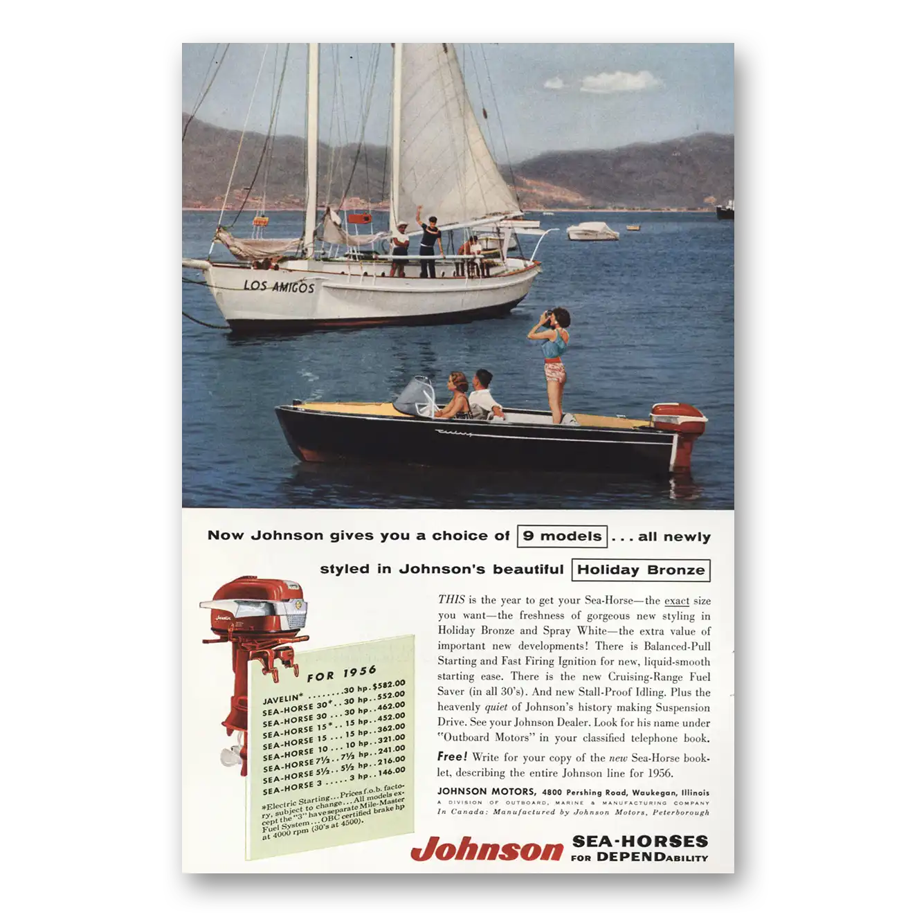 1956 Johnson Sea Horse Motors Styled in Beautiful Holiday Bronze Vintage Magazine Print Ad