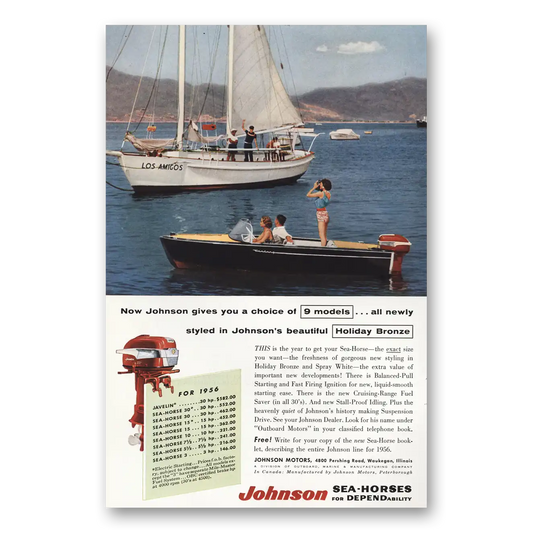 1956 Johnson Sea Horse Motors Styled in Beautiful Holiday Bronze Vintage Magazine Print Ad